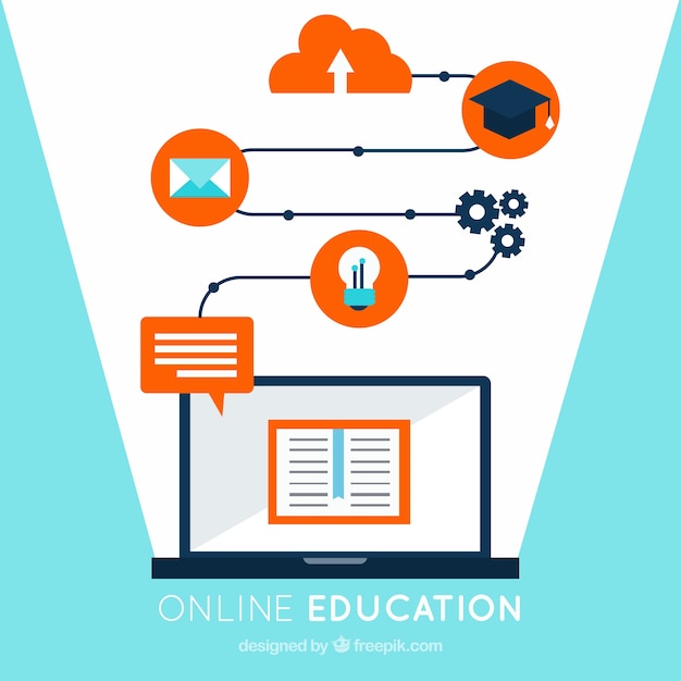 무료 벡터 노트북 및 오렌지 세부 사항이있는 온라인 교육 배경
