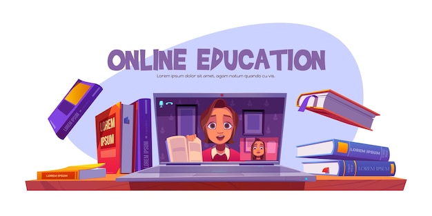 Online education banner with teacher conduct webinar for student remotely