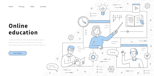 Online education banner with teacher and students on computer\
screens vector landing page of digital distant school or university\
training elearning with sketch illustration