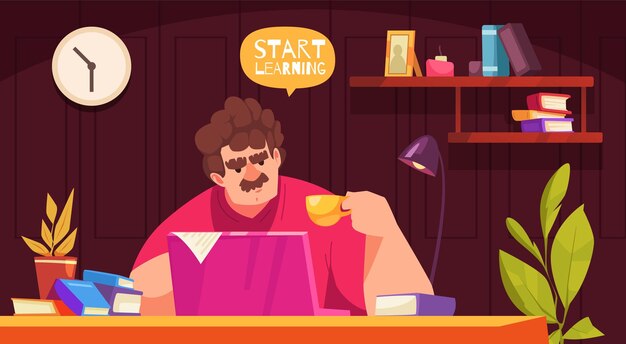 Концепция онлайн-образовательного мультфильма с человеком, изучающим дистанционно векторную иллюстрацию