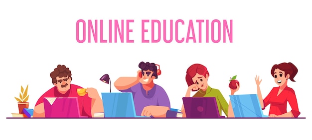 Free vector online education cartoon concept with people learning online vector illustration