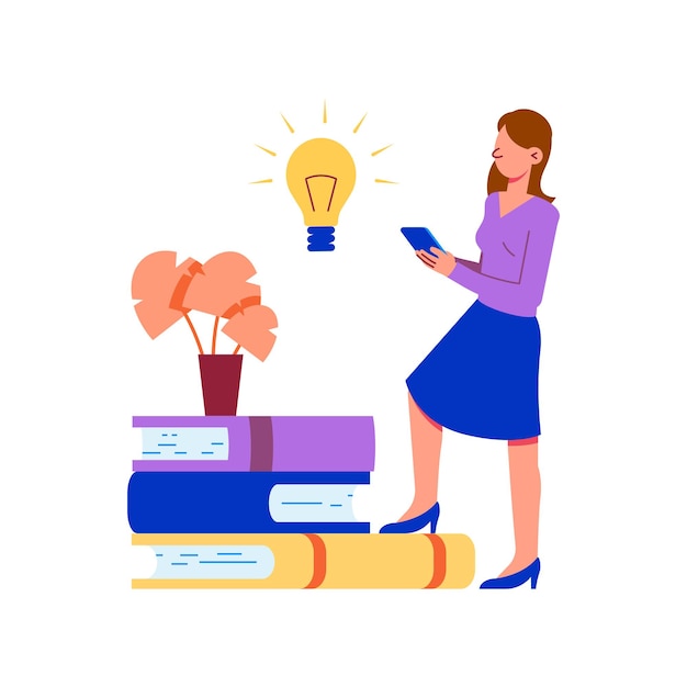 Иллюстрация концепции онлайн-образования с женщиной, держащей смартфон, книги и электрическую лампочку