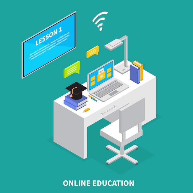 Free vector online education concept with lessons and exams symbols isometric   illustration