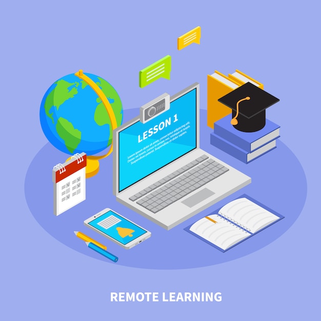 Free vector online education concept with remote learning symbols isometric   illustration