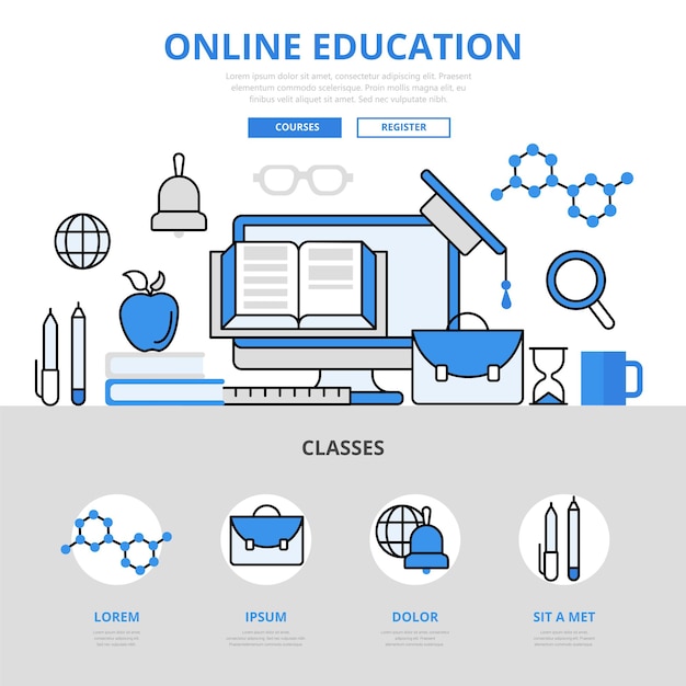 Online education course library concept flat line style.