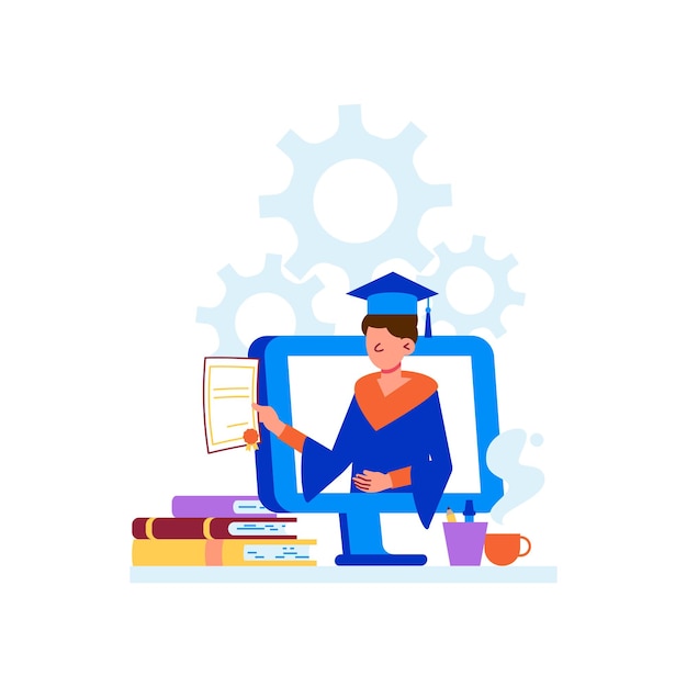 Online education distant courses flat illustration with university graduate holding diploma on computer screen