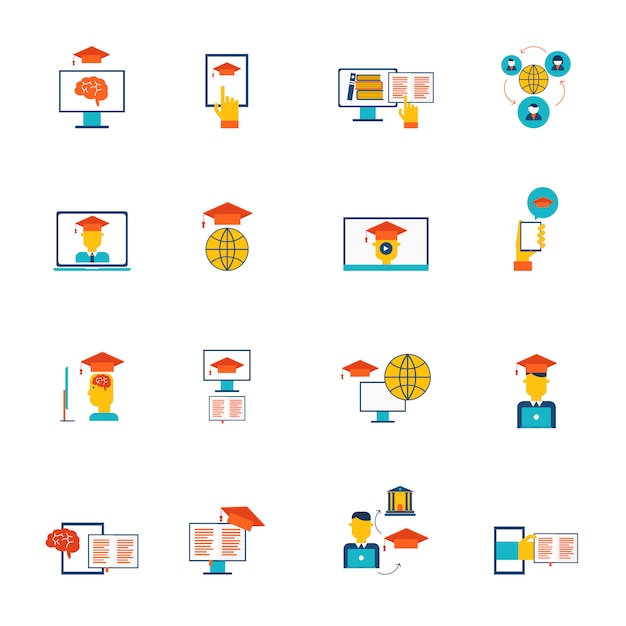 Free vector online education e-learning distance training and graduation icons flat set isolated vector illustration