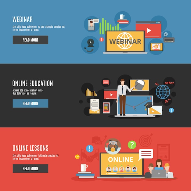 Free vector online education flat horizontal banners