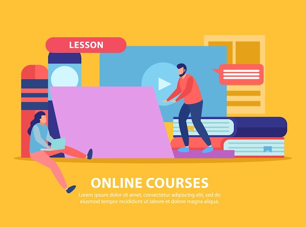 Online education flat illustration composition with computers content and books with human characters