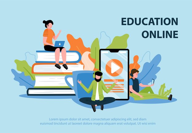 Online education flat poster with young people participating in web seminar illustration