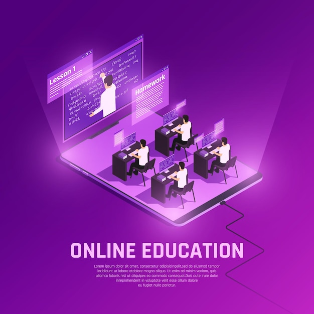 Бесплатное векторное изображение Он-лайн образование свечение изометрическая композиция с видом hi-tech среды с людьми, компьютерами и учителем