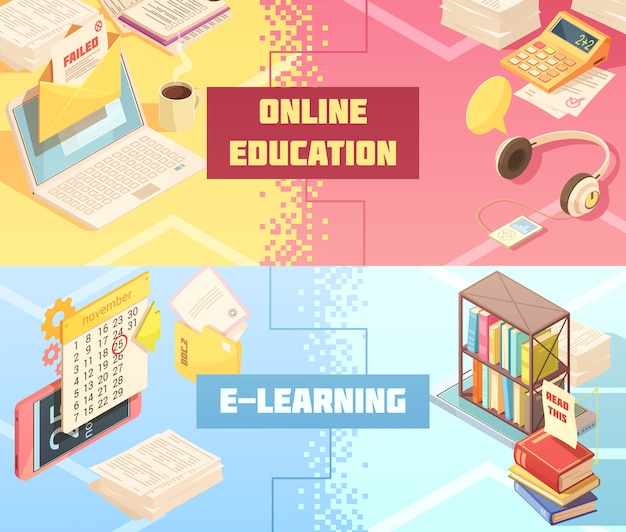 Online education horizontal isometric banners 