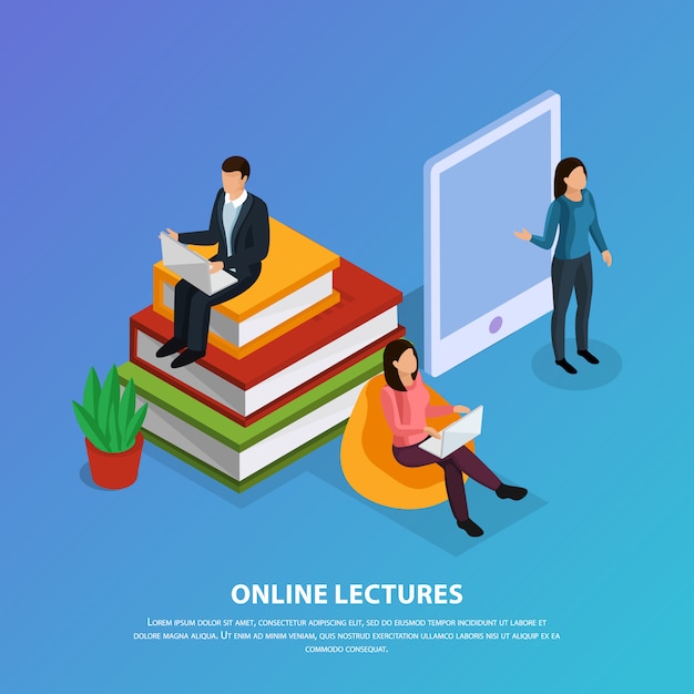 Online education isometric composition with teacher and students during web lecture on blue