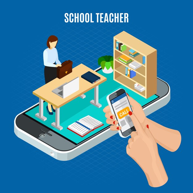 Online education isometric concept with pupil calling school teacher 3d vector illustration