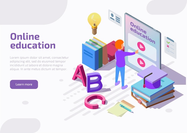 Online education isometric landing page, web banner.