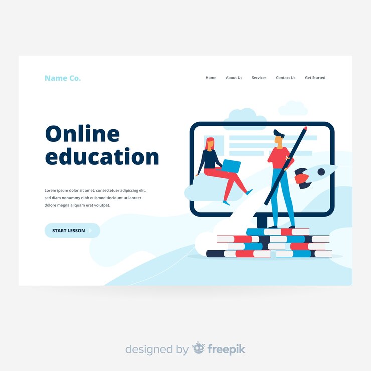 Free Vector online education landing page with books