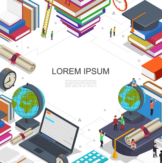 Online education and learning composition with students in e-learning process laptop certificate globe books alarm clock in isometric style  illustration