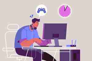 Free vector online games addiction concept with gamer