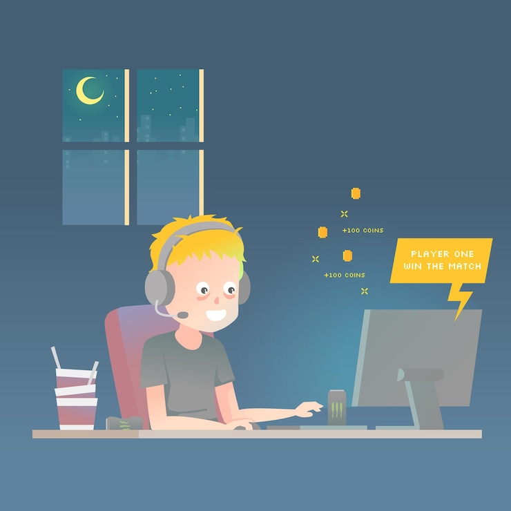 Free Vector online games addiction illustration with boy playing