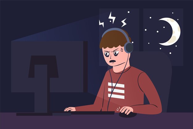Online games addiction with man playing at night-time
