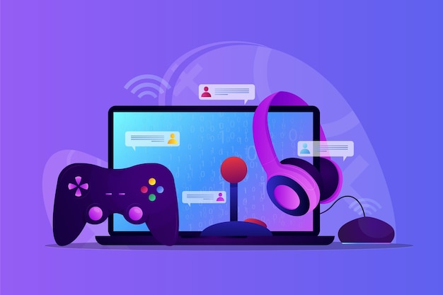 Online games concept illustration with computer