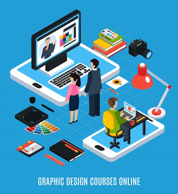 Online graphic design courses isometric concept with students computer tablet swatches books 3d vector illustration