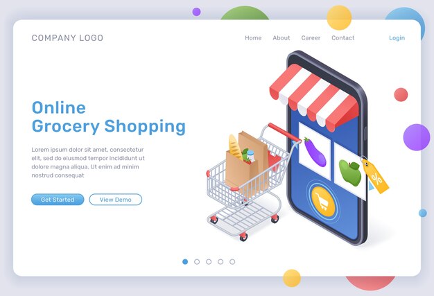 Online grocery shopping isometric landing page, digital store for food purchasing, goods in trolley at huge smartphone with internet market mobile app on screen. Cyber shop 3d web banner