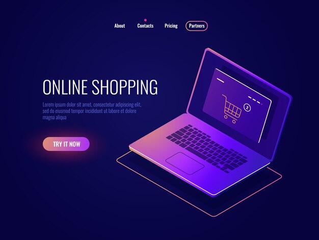 online internet shopping isometric icon, website purchase, laptop with online shop page, laptop dark