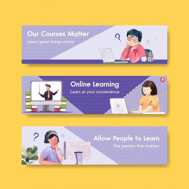 Online learning banner template design for website, advertise watercolor