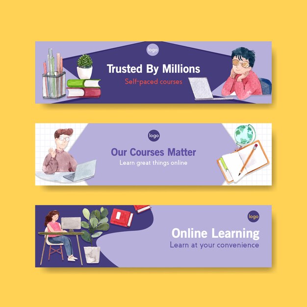 Online learning banner template design for website, advertise watercolor