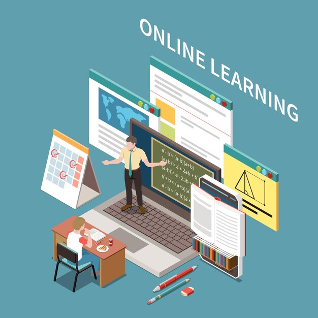 Изометрическая композиция онлайн-обучения на дому со студентом, смотрящим лекцию по расписанию библиотеки ноутбуков 3d векторная иллюстрация