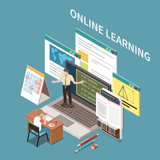 Бесплатное векторное изображение Изометрическая композиция онлайн-обучения на дому со студентом, смотрящим лекцию по расписанию библиотеки ноутбуков 3d векторная иллюстрация