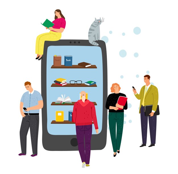 Download Free Vector | Tiny people reading books in online library