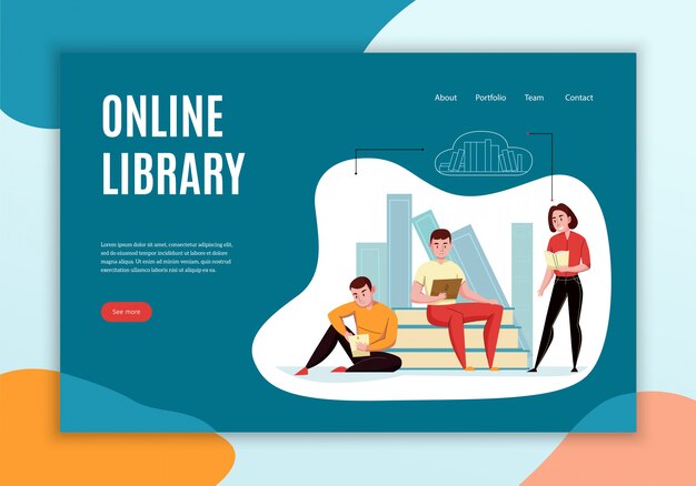 Дизайн целевой страницы веб-сайта концепции библиотеки с людьми, читающими книги на облачных книжных полках