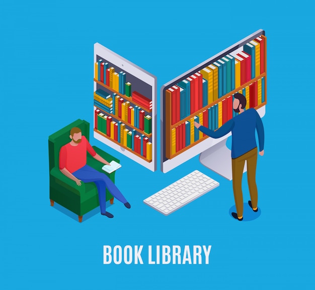 Concetto online delle biblioteche con il computer astratto e l'uomo che scelgono i libri su 3d blu isometrico