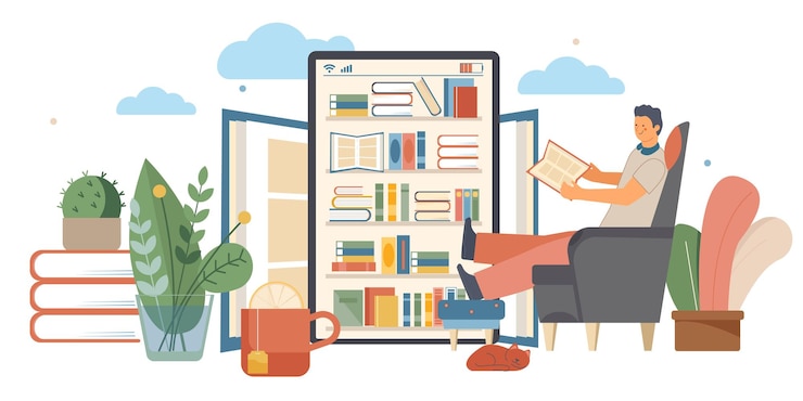 Free Vector online library flat composition with electronic book and man reading a book on a tablet at home illustration