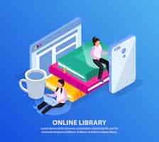 Free vector online library isometric background with human characters electronic gadgets and pile of books with editable text