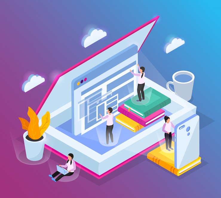 Free Vector online library isometric composition with conceptual images of opened book computer windows and small people characters