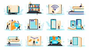 Free vector online library set with isolated compositions of book icons and images of gadgets with human characters vector illustration