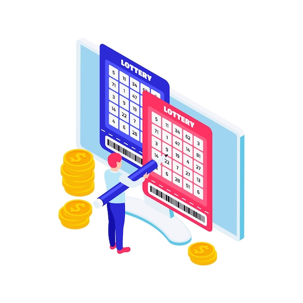 コンピューター3dでチケットに記入する男性とオンライン宝くじの等角図