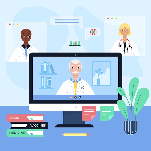 Online medical conference flat illustration