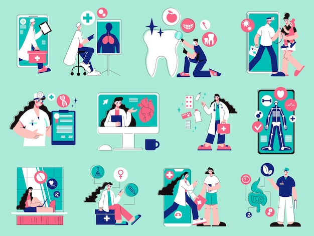 Free Vector online medicine color set of isolated icons characters of medical specialists images of smartphones and computers vector illustration