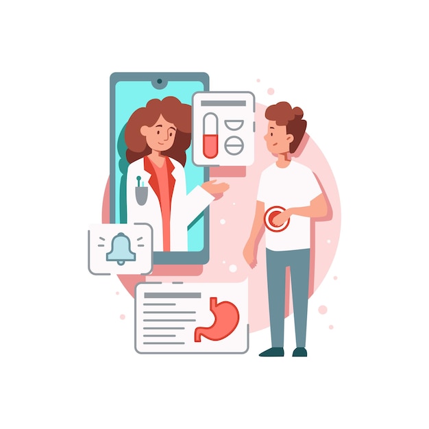 Состав онлайн медицины с изображением пациента с желудком и врача в смартфоне