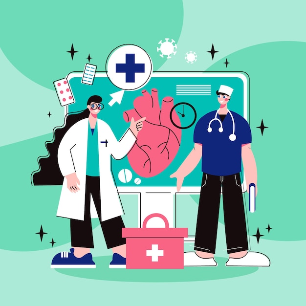 Free vector online medicine flat concept with doctor nurse and human heart on computer monitor