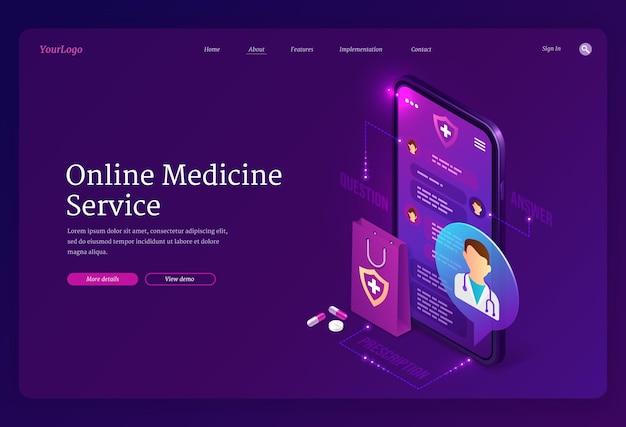 Free vector online medicine service landing page