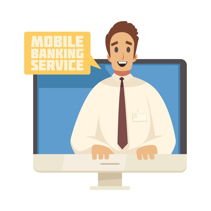Free Vector online mobile bank composition with human character of support agent leaning out of computer screen vector illustration