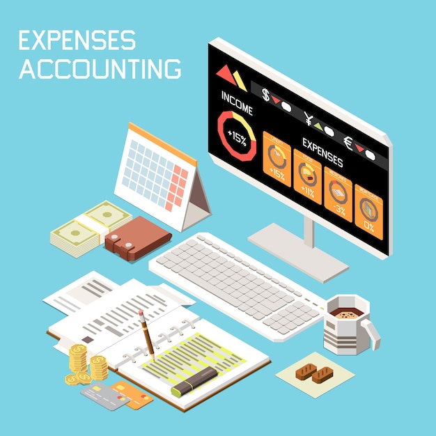 Free vector online mobile banking services isometric composition illustrated computer screen with app showing expenses and income accounting vector illustration
