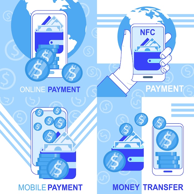 Онлайн Мобильный NFC Оплата Денежные переводы Баннер Набор векторные иллюстрации