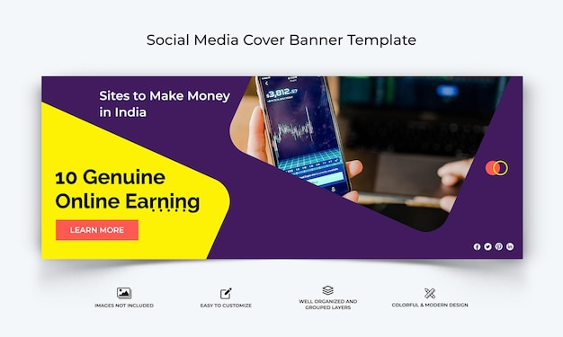 Online money earnings social media facebook cover banner template premium vector