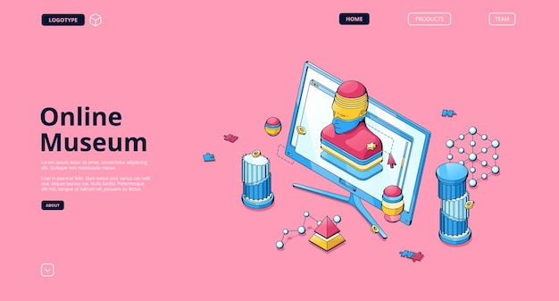 Free vector online museum isometric landing page